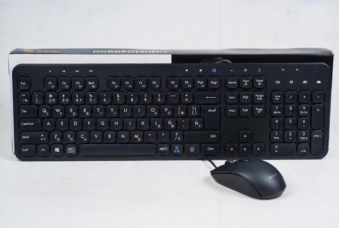 Título do post 4 Black wired full-size keyboard and optical mouse set with round keys and number pad.