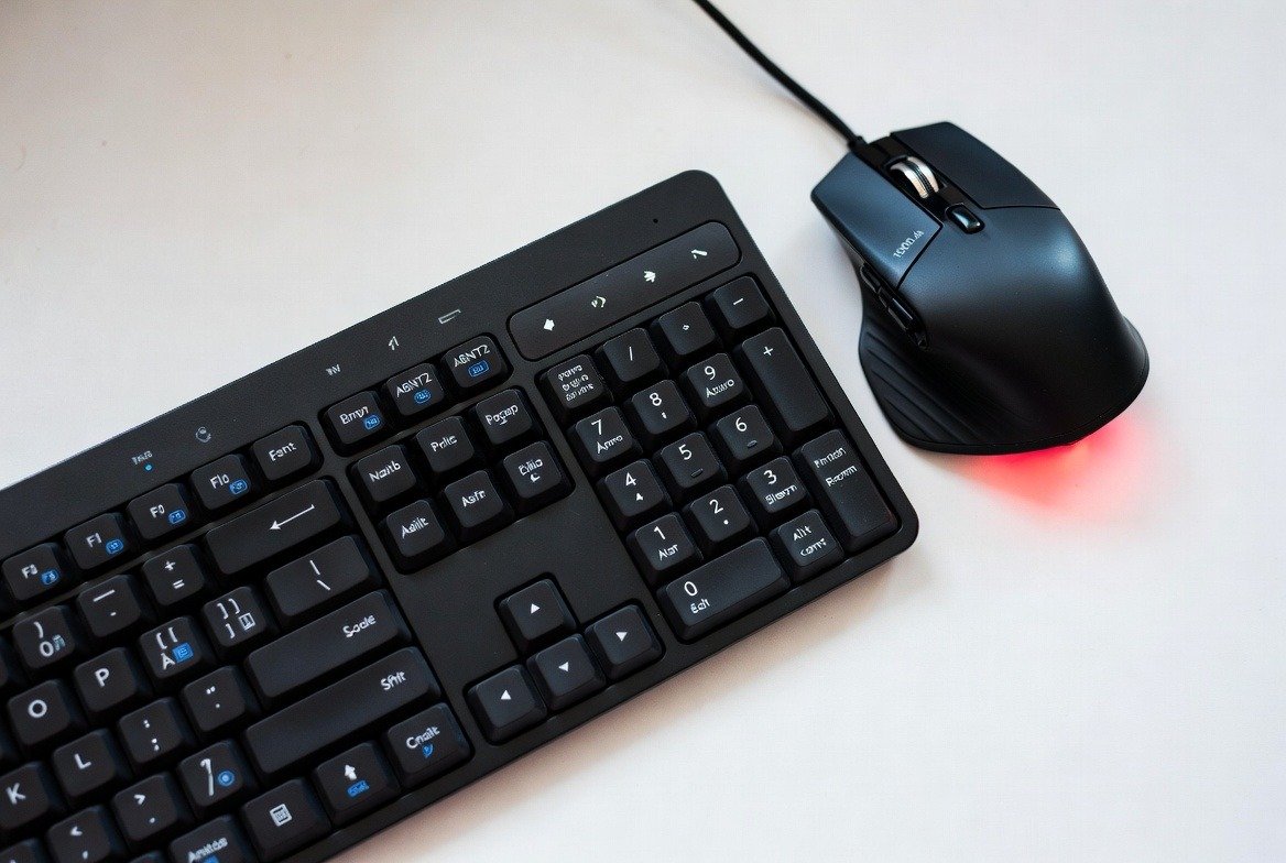 Título do post 3 Black wireless computer keyboard and ergonomic gaming mouse with red LED glow on a white desk.