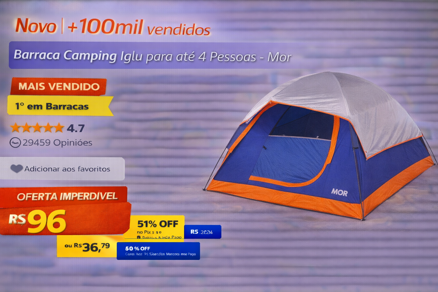 Barraca de camping Iglu Mor azul e laranja para 4 pessoas em oferta promocional.