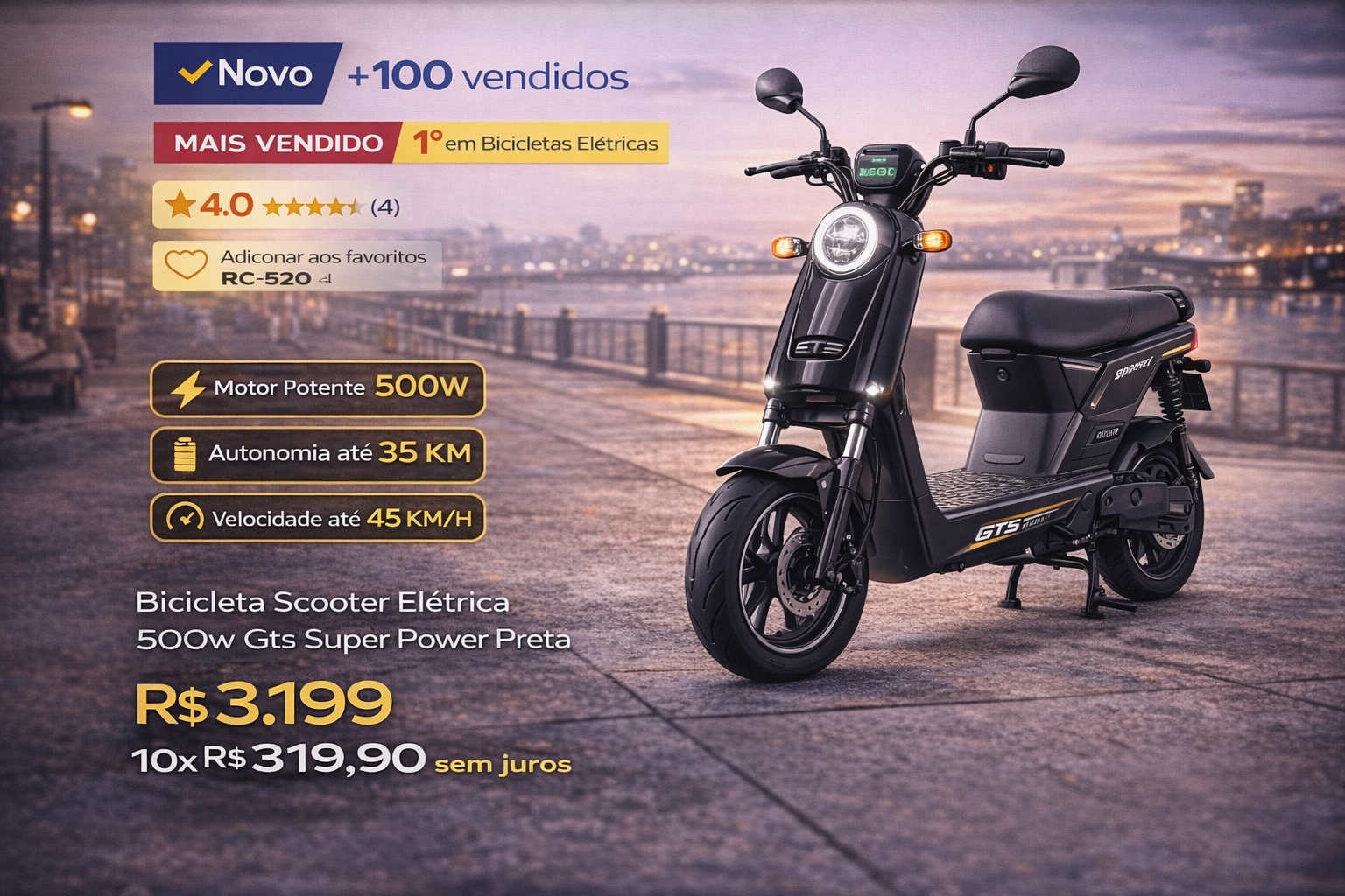 Título do post 1 Black GTS Super Power 500W electric scooter bicycle parked on a city pier at sunset.