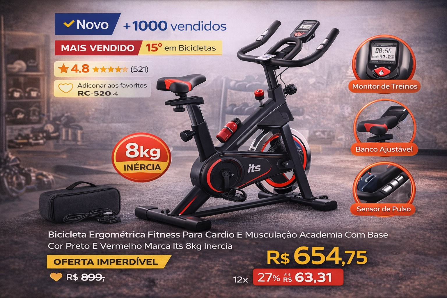 Black and red stationary exercise bike with an 8kg flywheel for home gym cardio and fitness training.