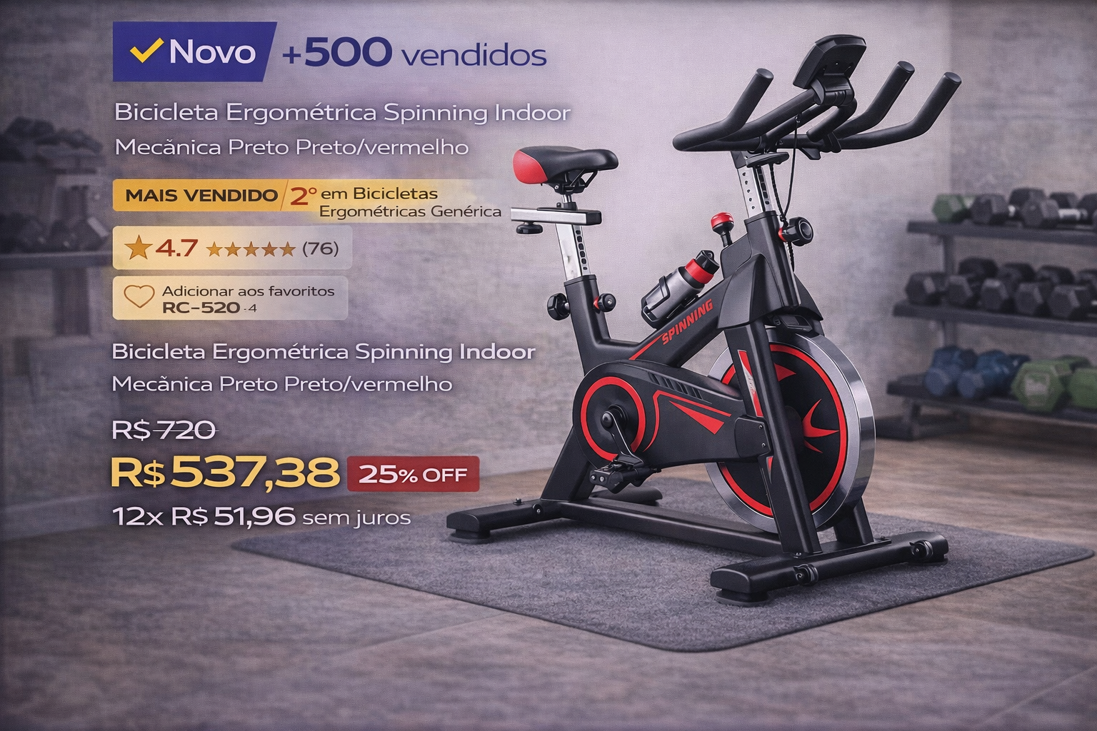 Bicicleta ergométrica spinning indoor preta e vermelha em promoção para treino em casa.