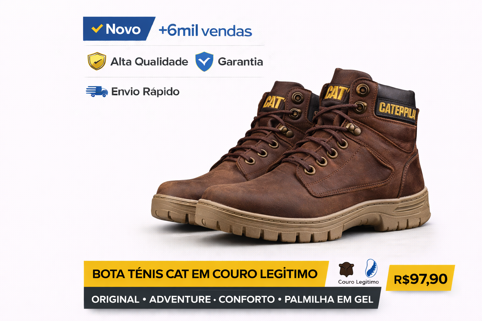 Bota tênis Caterpillar masculina em couro legítimo marrom com palmilha em gel e solado tratorado.