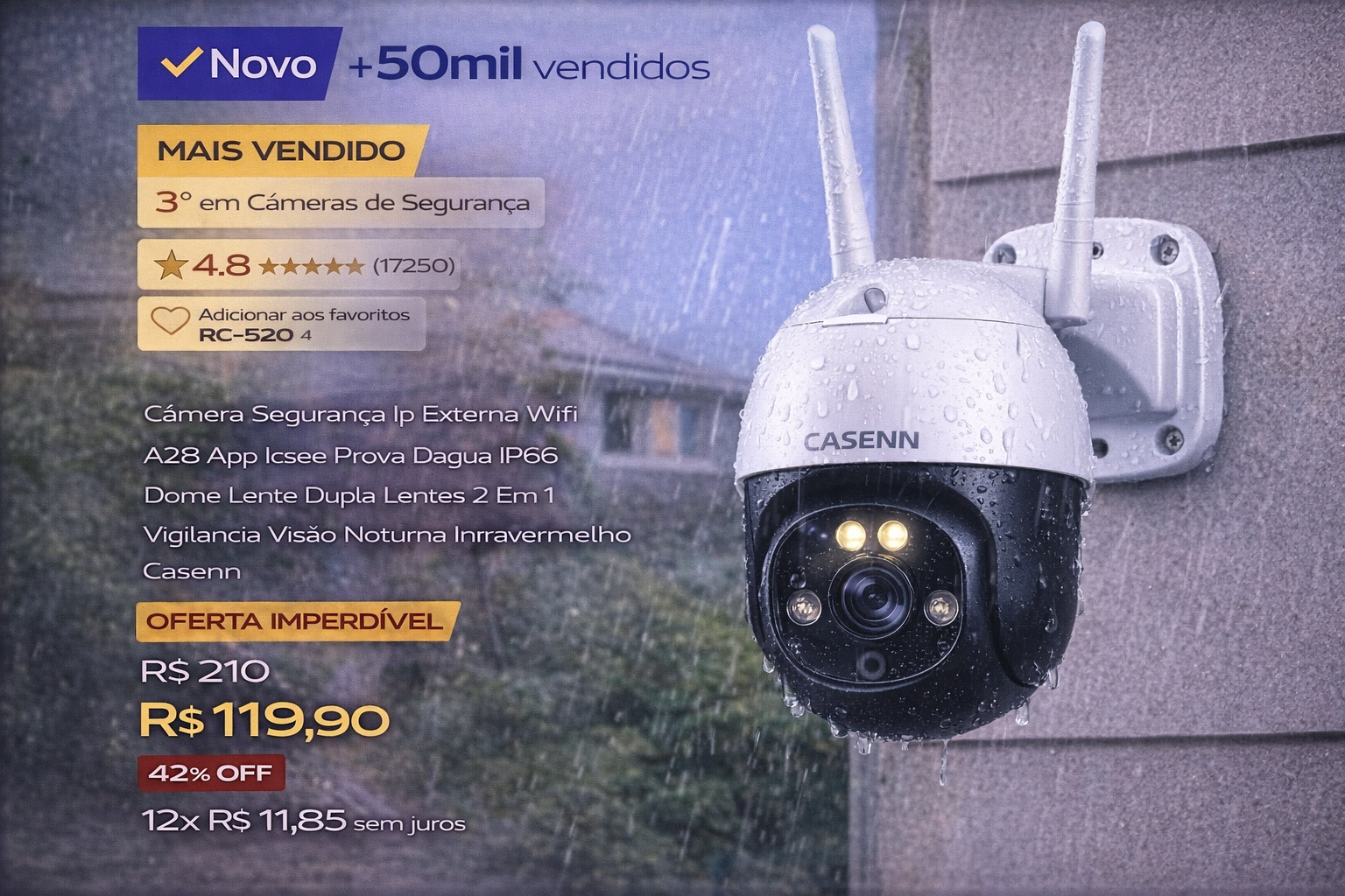 Câmera de Segurança, Que problema que vc nem saber 1 Waterproof outdoor IP security camera with dual lenses and night vision mounted on a wall in the rain.
