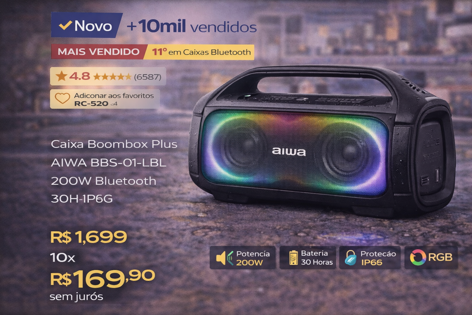 Aiwa BBS-01-LBL Boombox Plus bluetooth speaker with RGB lighting and 200W power on a textured surface.