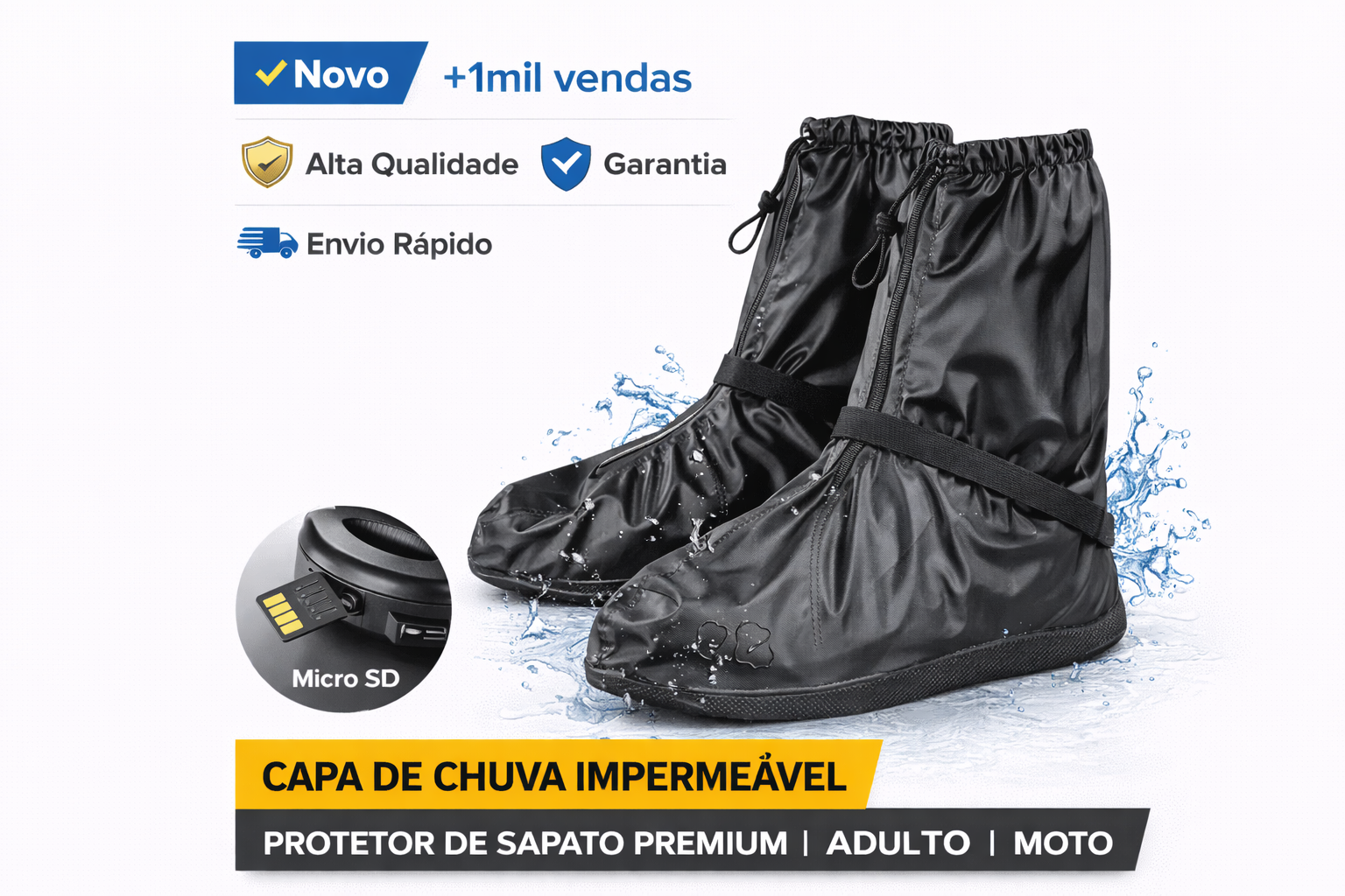 Black waterproof shoe covers for motorcycle riders with non-slip soles and adjustable drawstring.