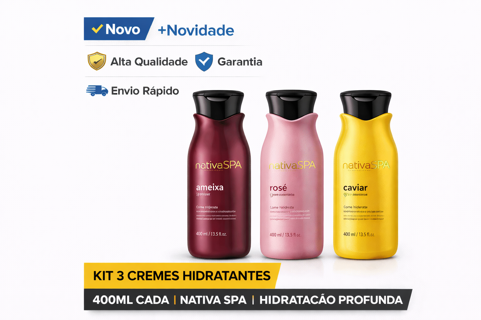 Título do post 1 Kit de 3 cremes hidratantes Nativa SPA Ameixa, Rosé e Caviar de 400ml para hidratação profunda da pele.