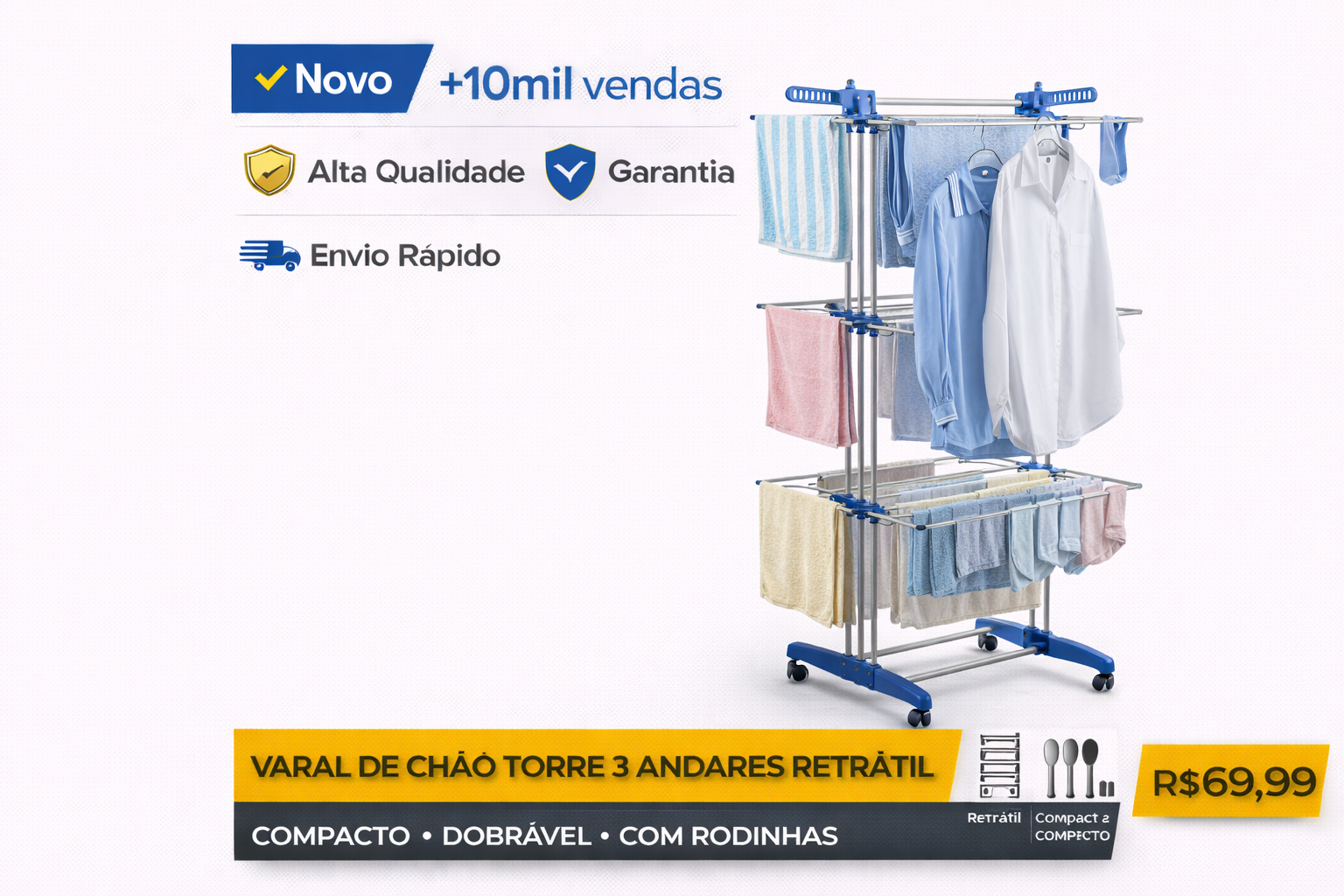Varal de chão torre retrátil de 3 andares com rodinhas e roupas penduradas para secagem vertical compacta.