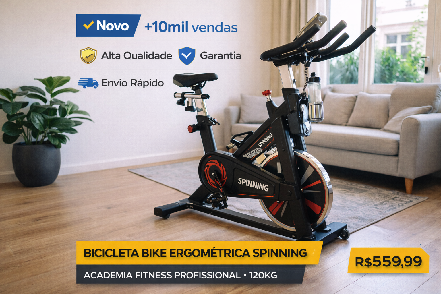 Título do post 1 Bicicleta ergométrica de spinning profissional para academia e fitness doméstico em uma sala de estar.
