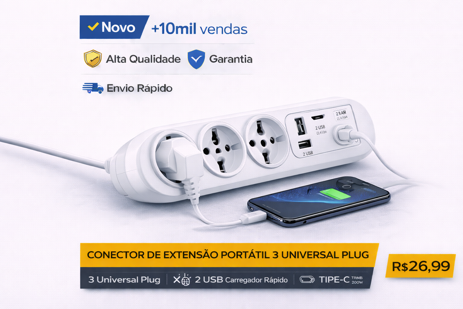 Extension cord power strip with three universal outlets, dual USB ports, and USB-C fast charging a smartphone.