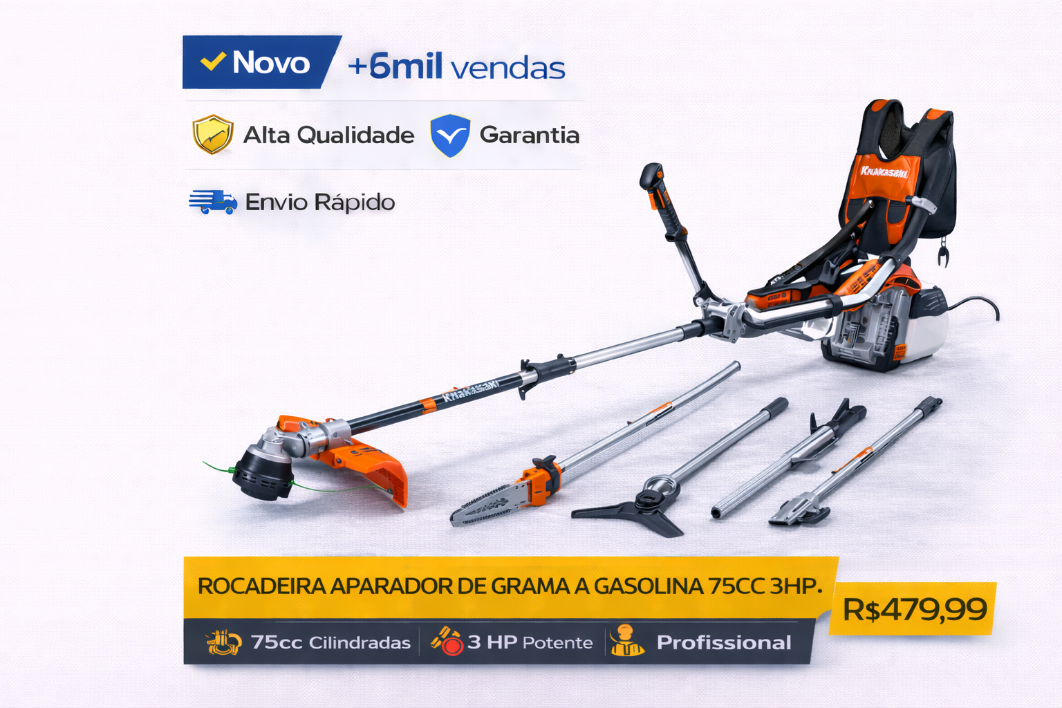 Roçadeira e aparador de grama a gasolina 75cc 3HP profissional com acessórios e mochila.