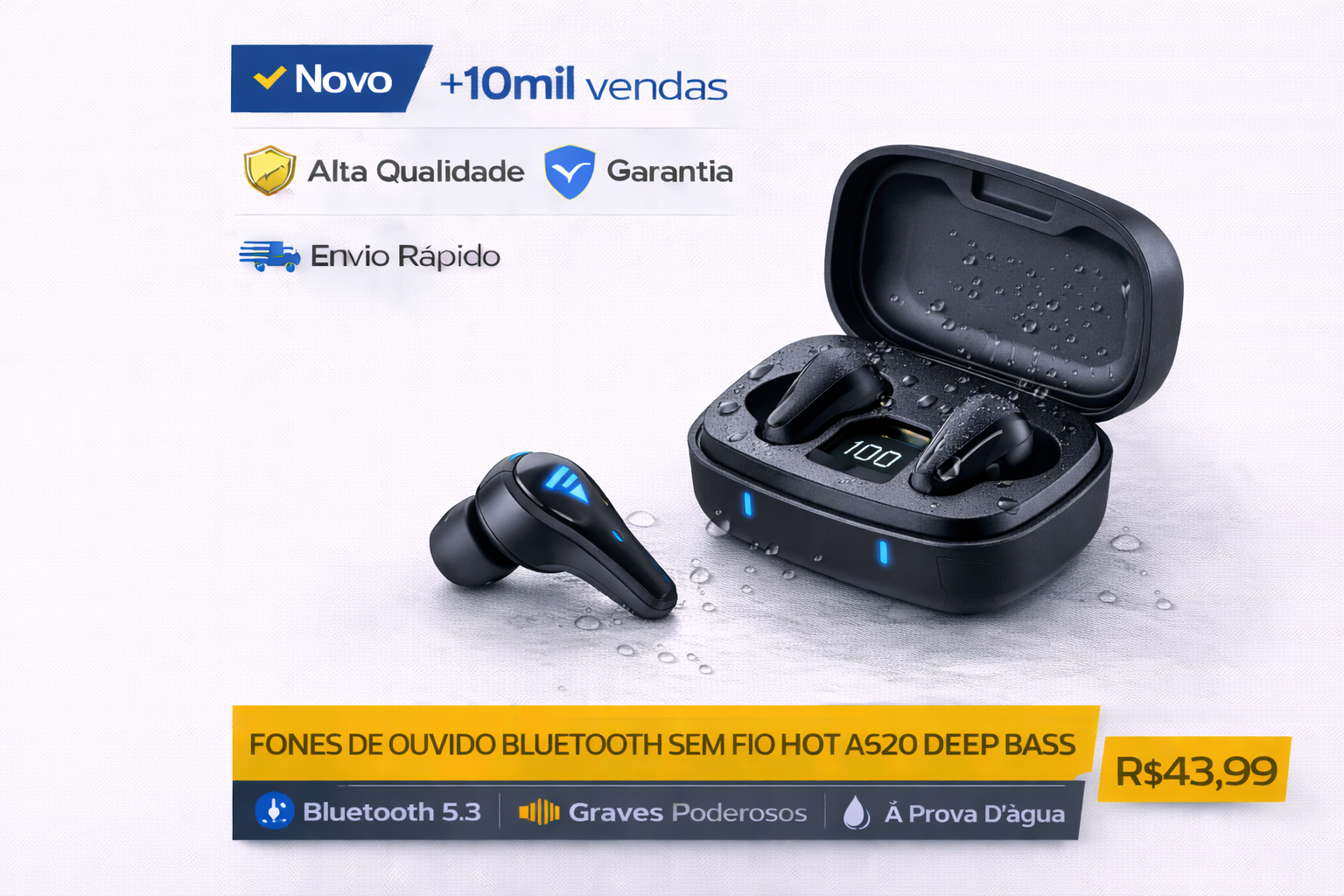 Fones de ouvido Bluetooth Hot A520 sem fio à prova d'água com case de carregamento e graves poderosos.