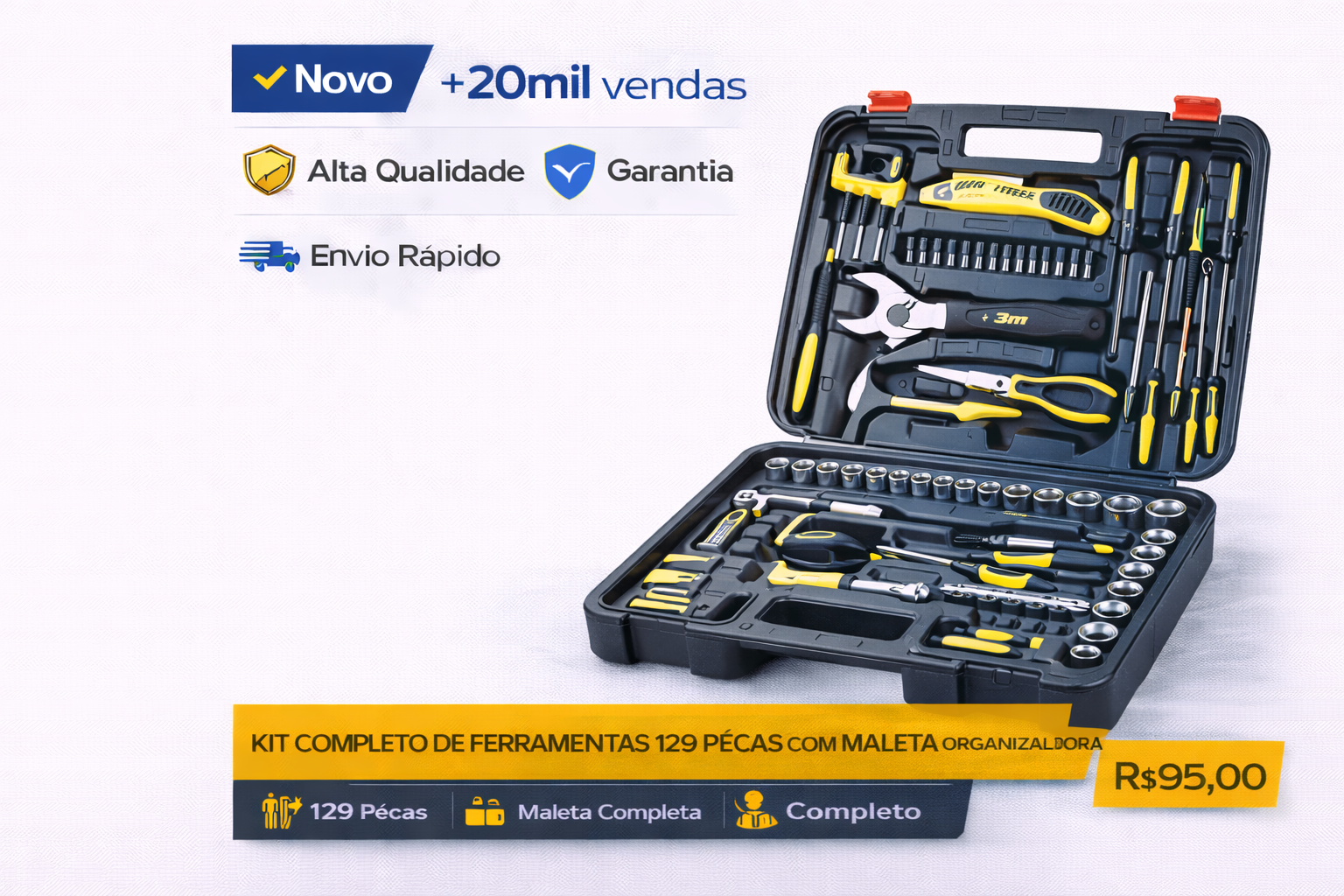 Kit completo de ferramentas 129 peças com maleta organizadora profissional amarela e preta.