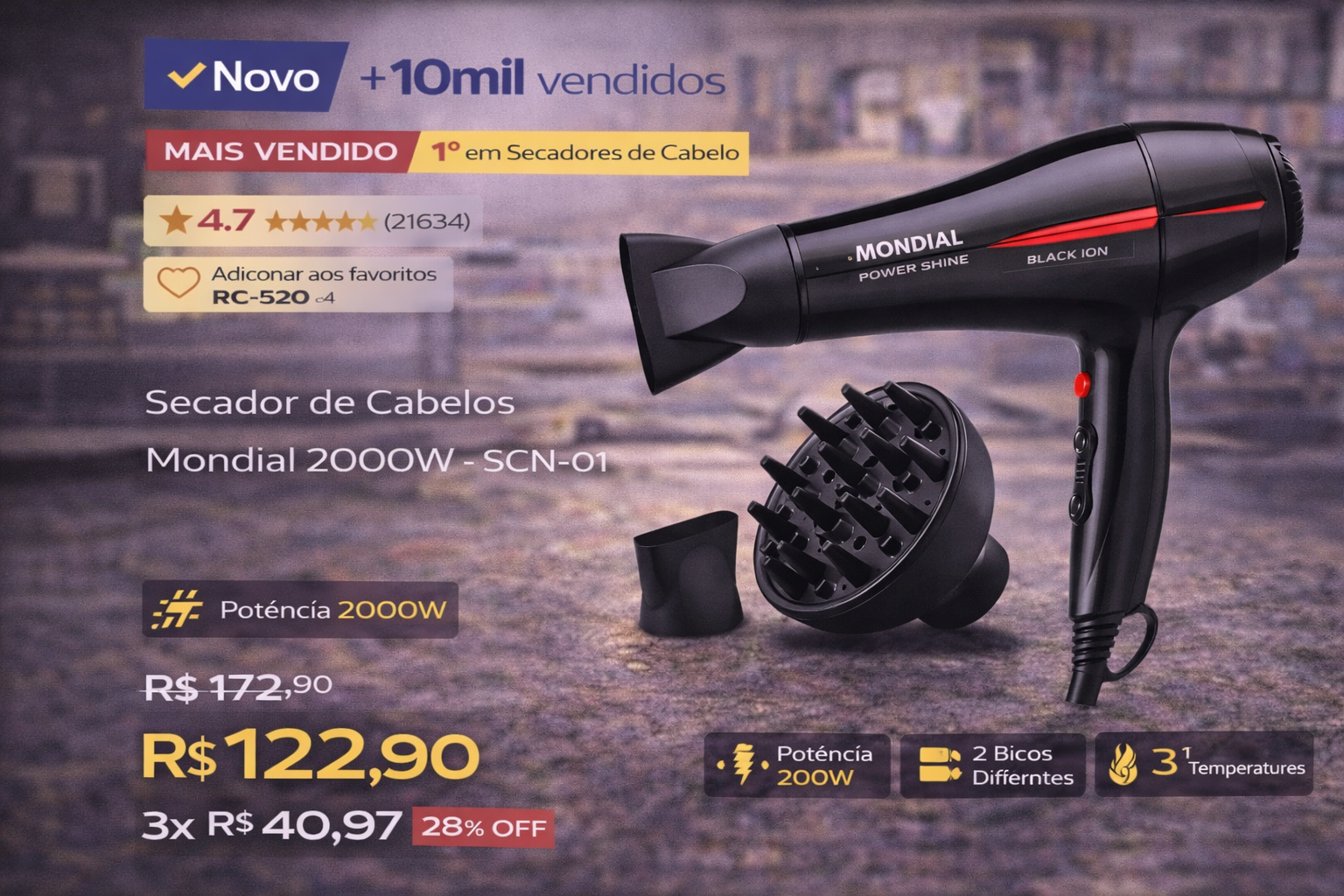 Black Mondial Power Shine 2000W hair dryer with diffuser and nozzle attachments on sale.
