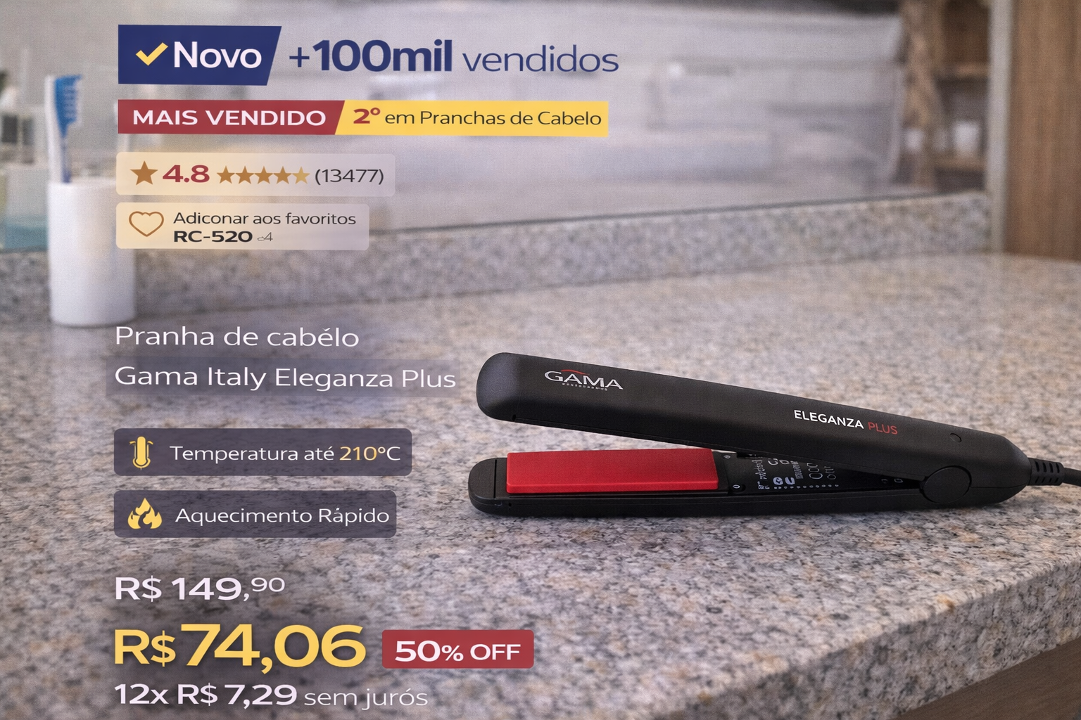 Prancha de cabelo Gama Italy Eleganza Plus preta com placas vermelhas sobre bancada de granito.