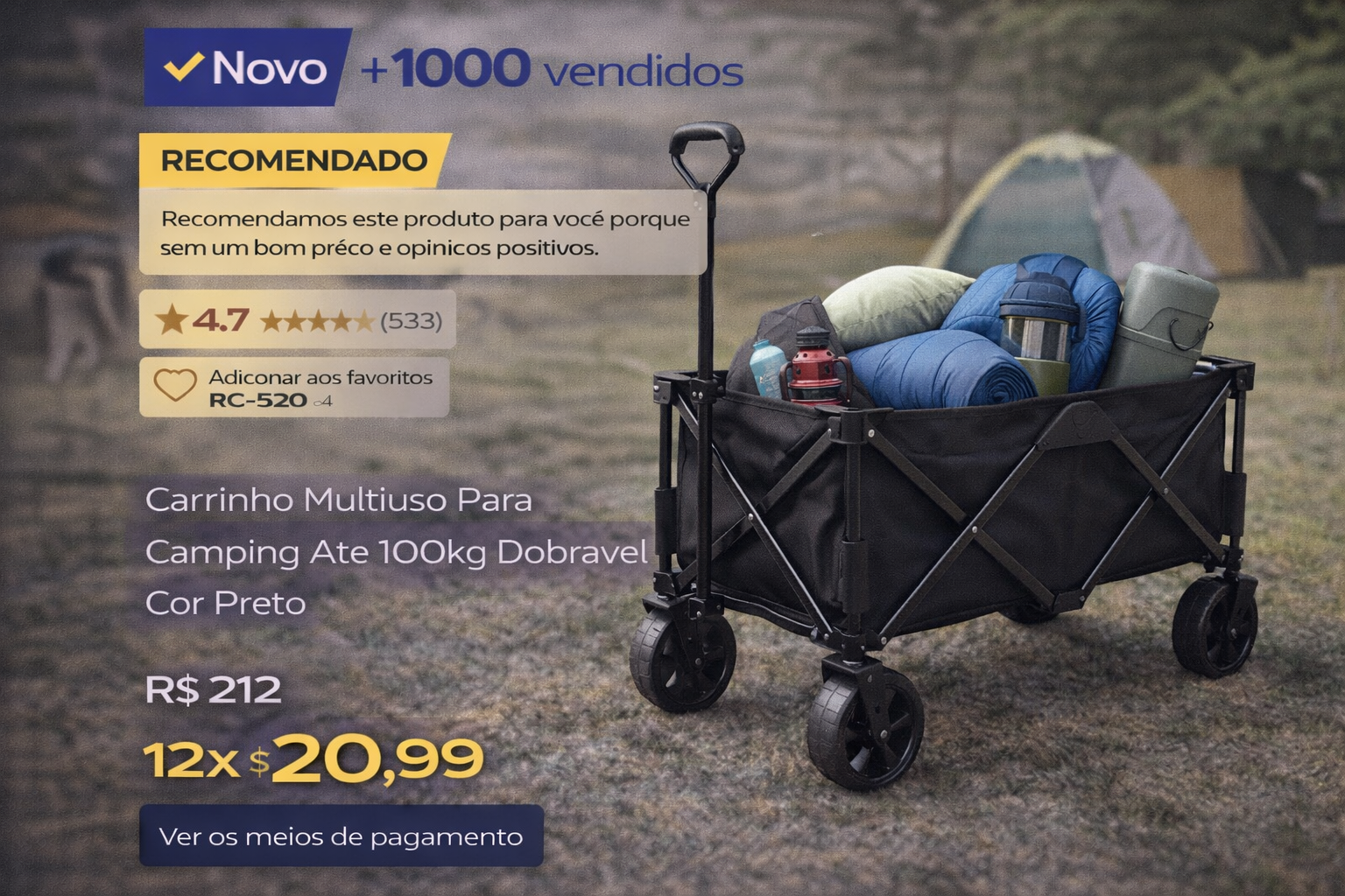 Carrinho multiuso para camping dobrável preto carregando equipamentos de acampamento em um gramado.