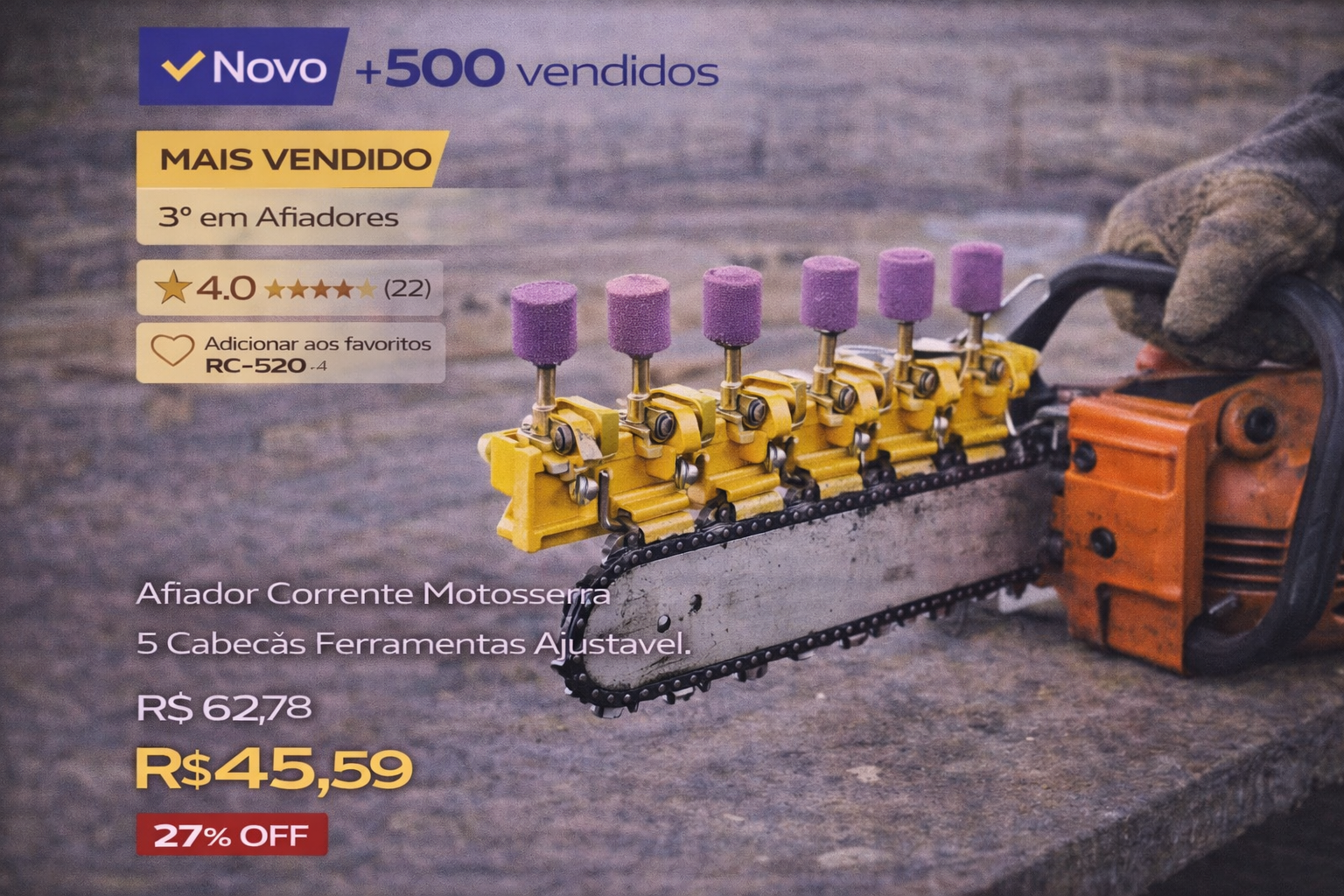 Afiador de corrente de motosserra ajustável com 5 cabeças de moagem roxas para afiação de precisão.