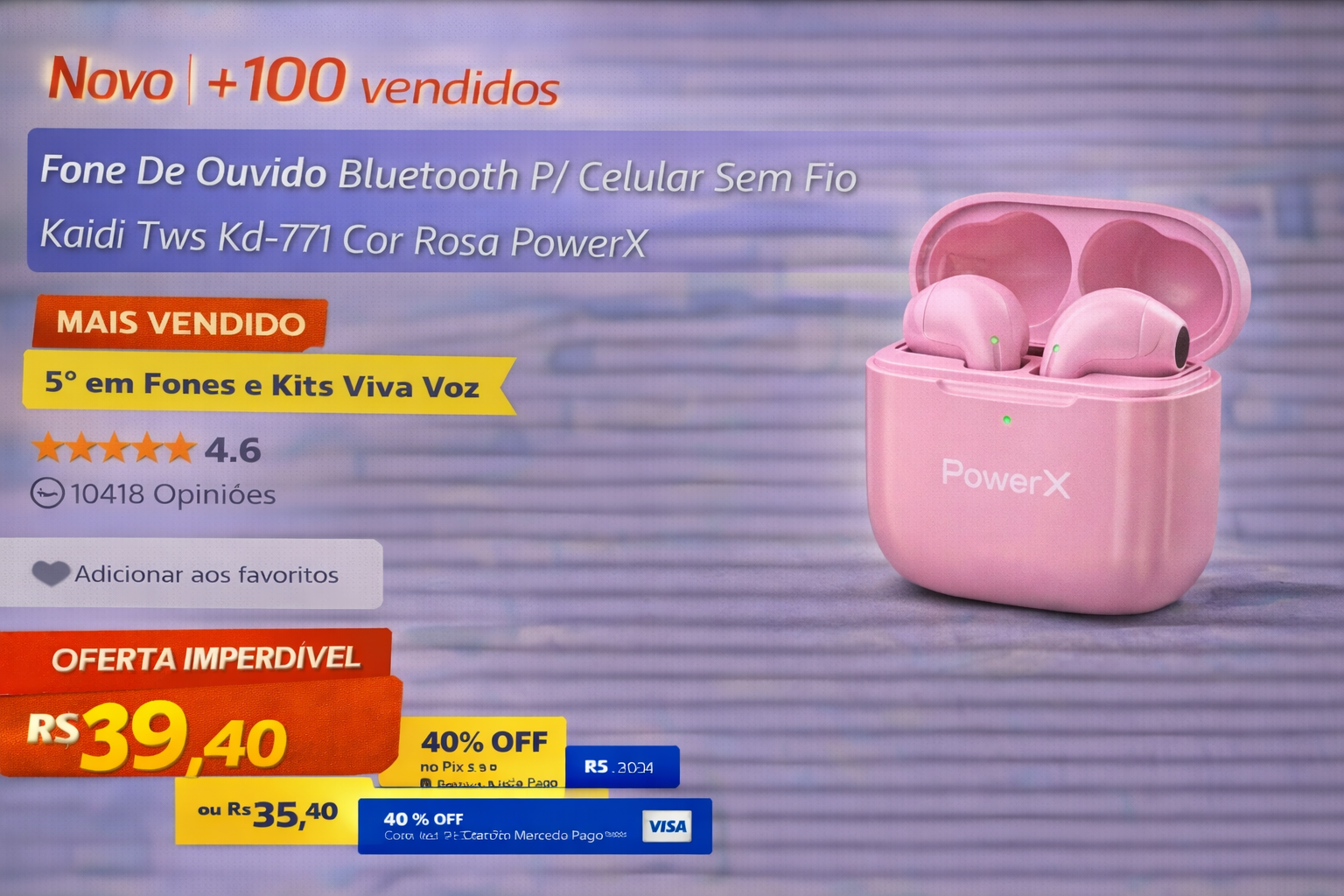 Pink Kaidi KD-771 wireless Bluetooth earbuds and charging case with PowerX branding on sale.