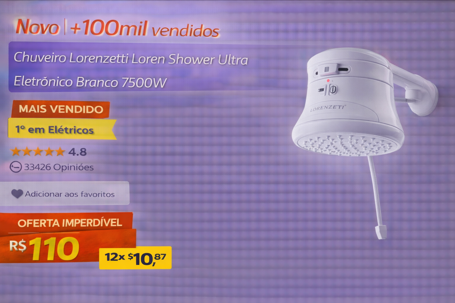 Chuveiro Lorenzetti Loren Shower Ultra Eletrônico Branco 7500W em oferta promocional.