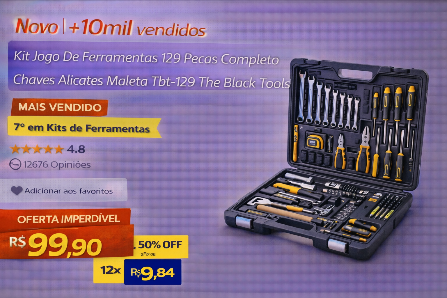 Jogo de ferramentas completo com 129 peças em maleta preta, incluindo chaves, alicates e martelo.