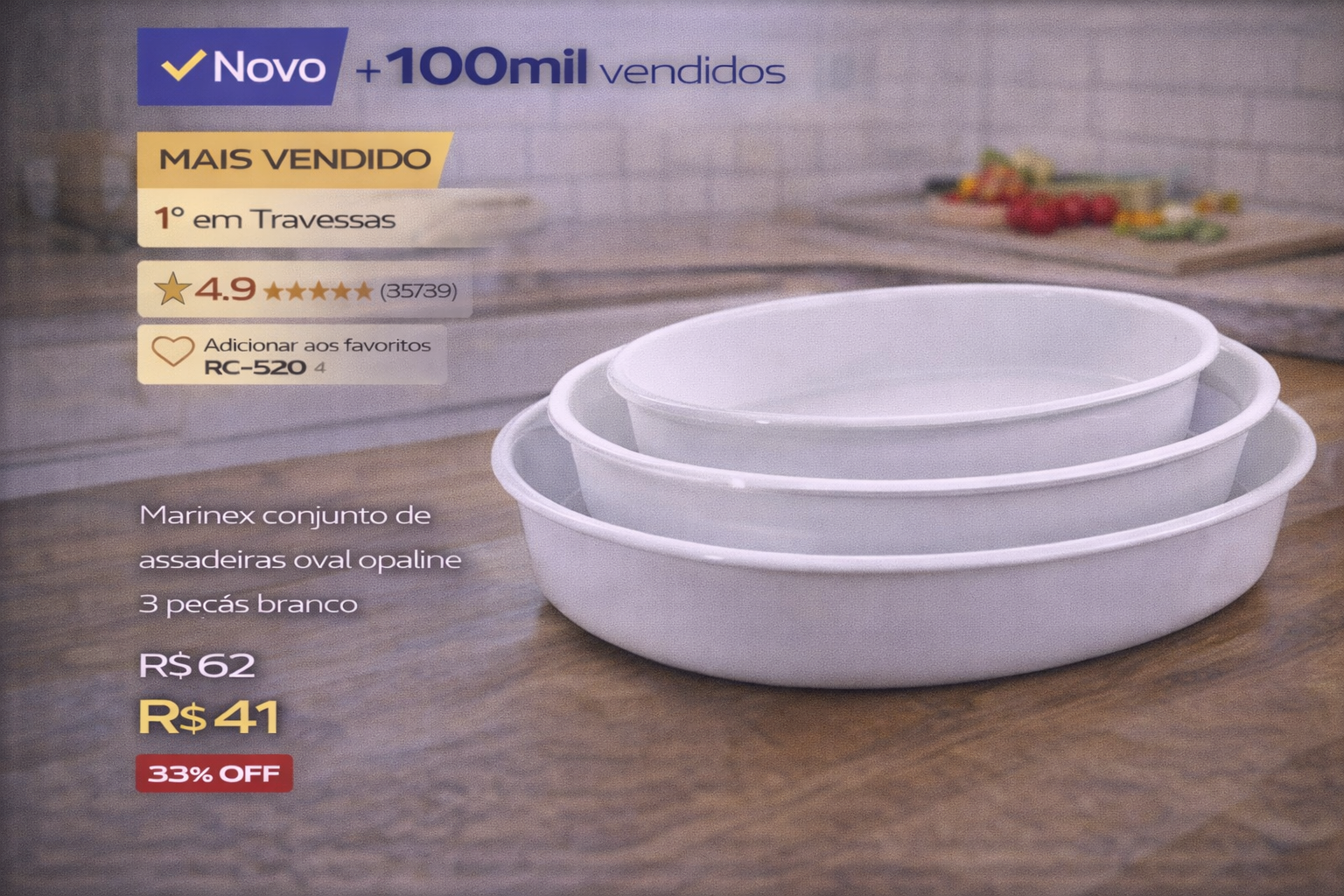 Conjunto Marinex de 3 assadeiras ovais brancas opaline em promoção.