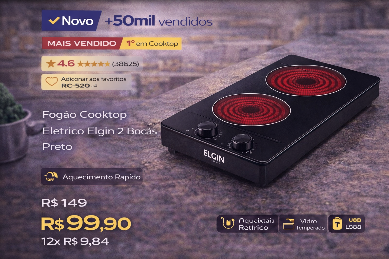 Cooktop elétrico Elgin 2 bocas preto com mesa de vidro temperado e aquecimento rápido.