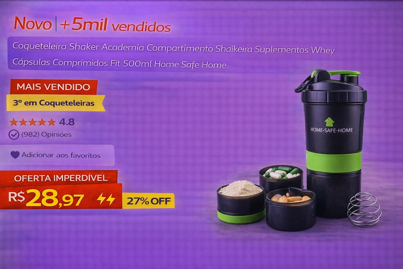 Coqueteleira shaker preta e verde com compartimentos para suplementos e comprimidos em oferta.