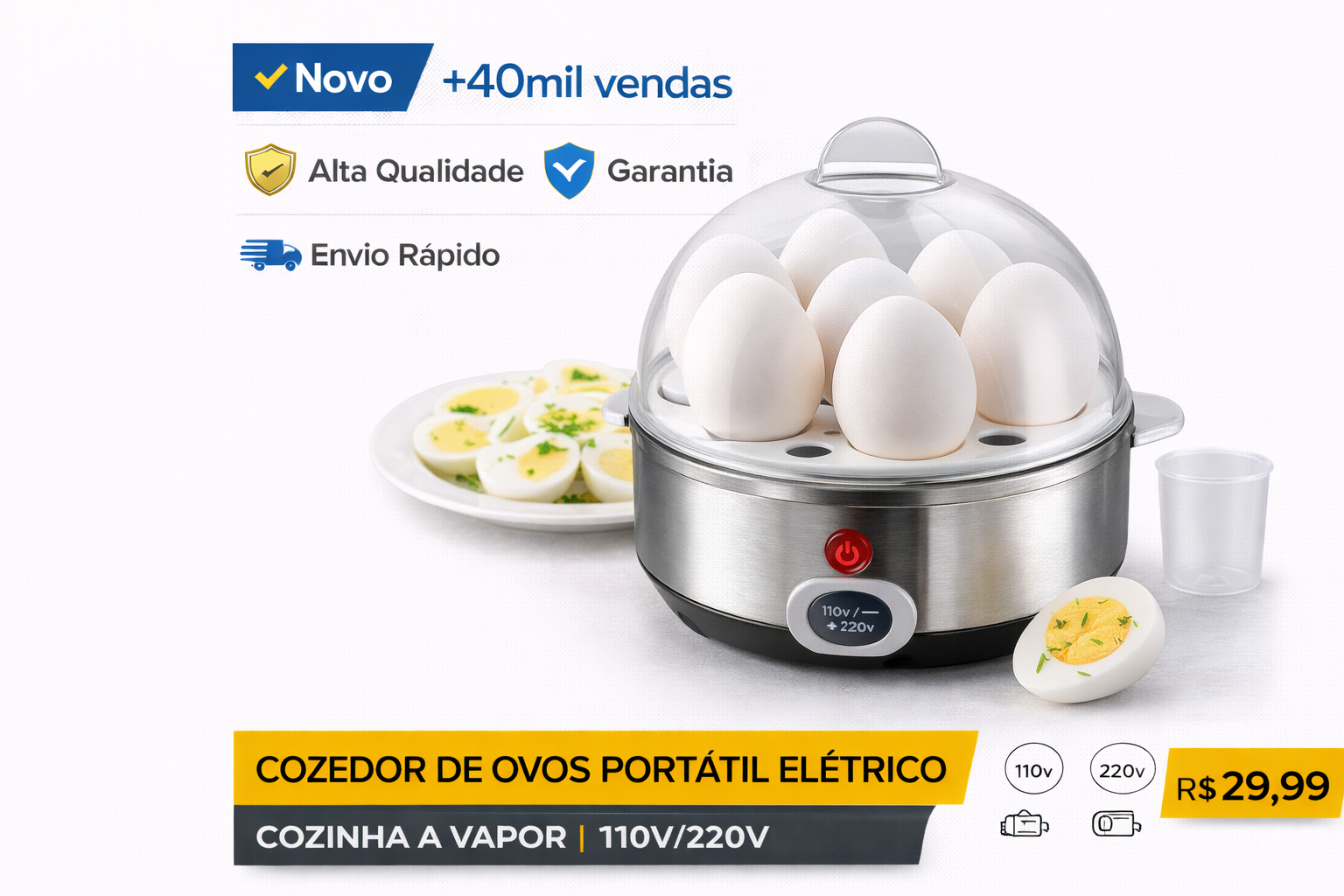 Título do post 1 Cozedor de ovos elétrico portátil bivolt de aço inox com tampa transparente e sete ovos brancos.