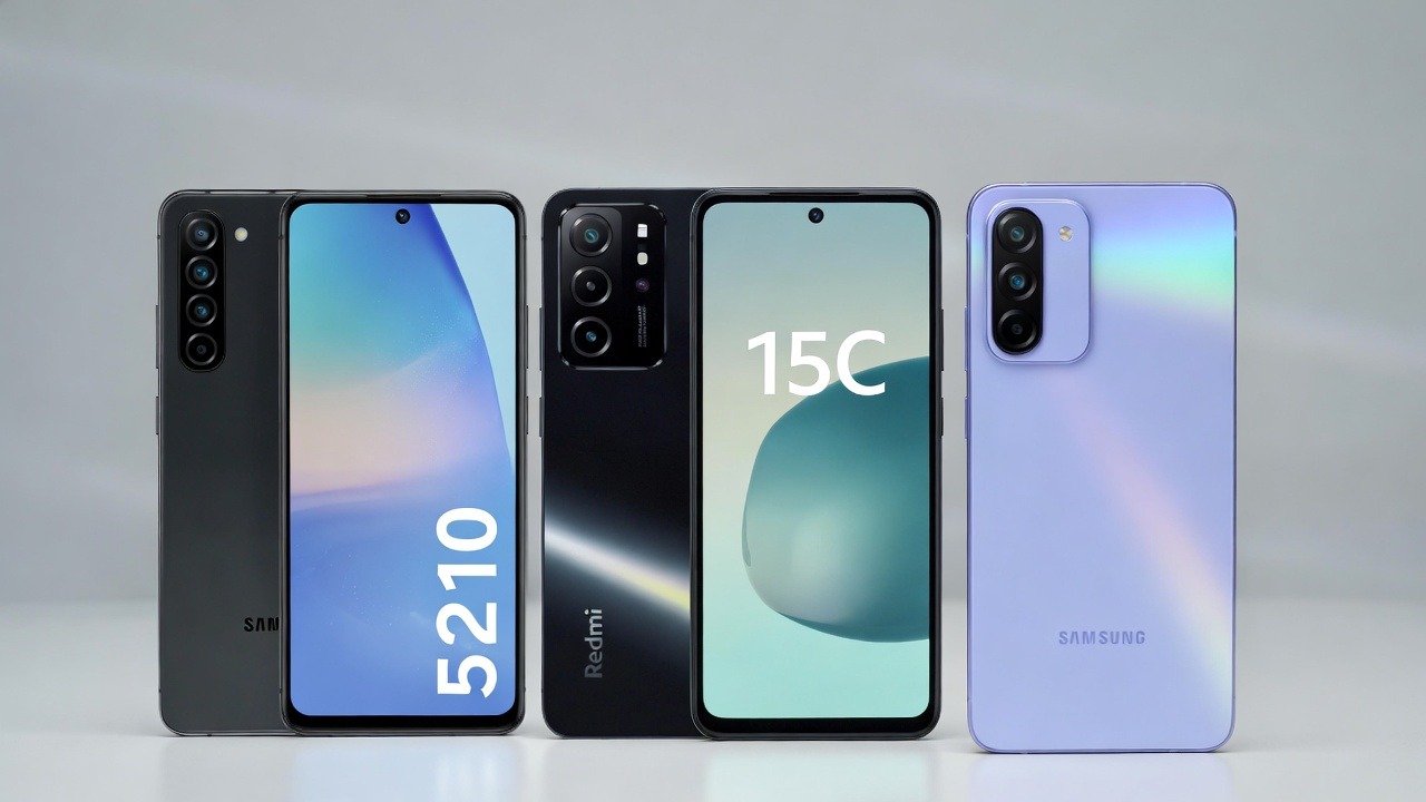 Comparison of Samsung and Redmi smartphones showing front displays and triple camera rear designs.
