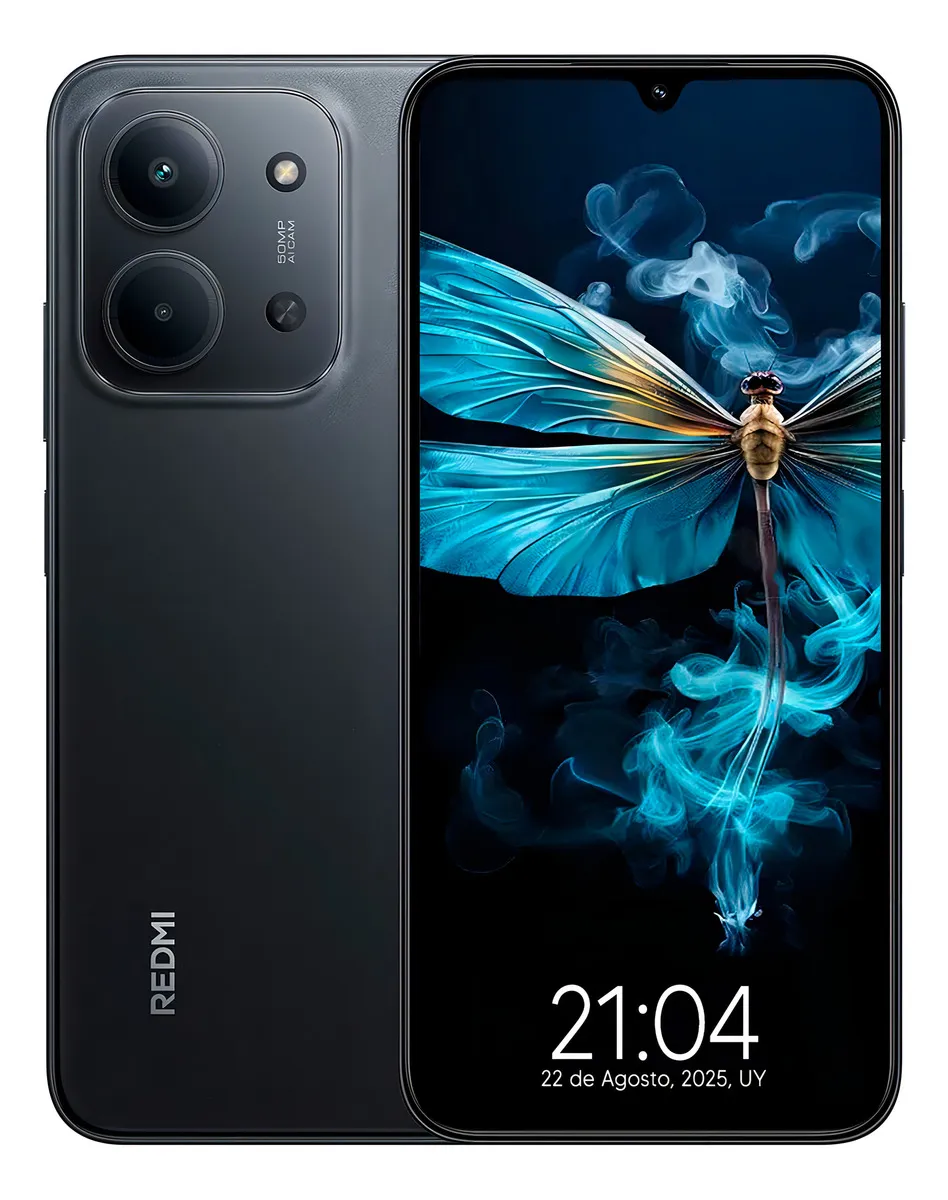 Black Xiaomi Redmi smartphone showing front and back views with dual camera and blue dragonfly wallpaper.