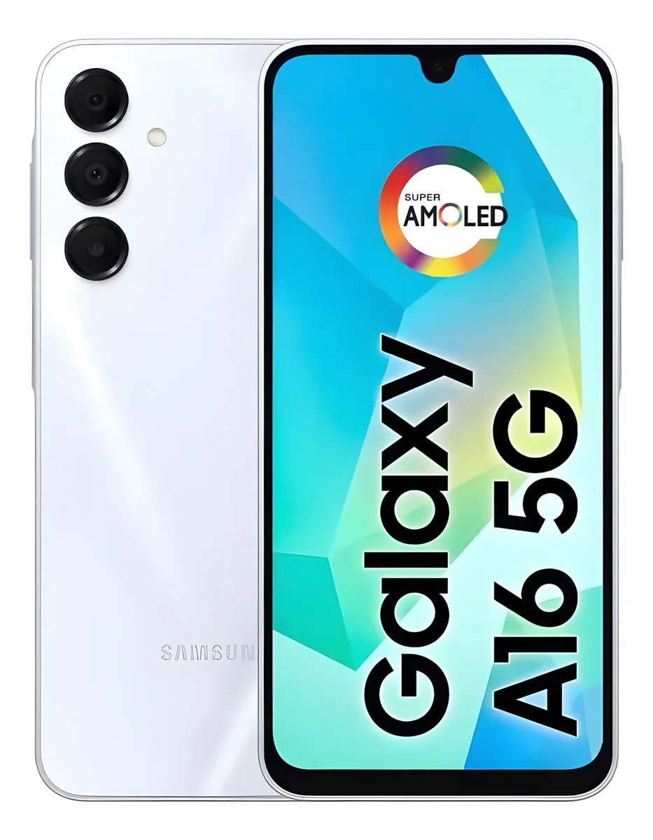 Samsung Galaxy A16 5G smartphone in white featuring a Super AMOLED display and triple rear camera system.