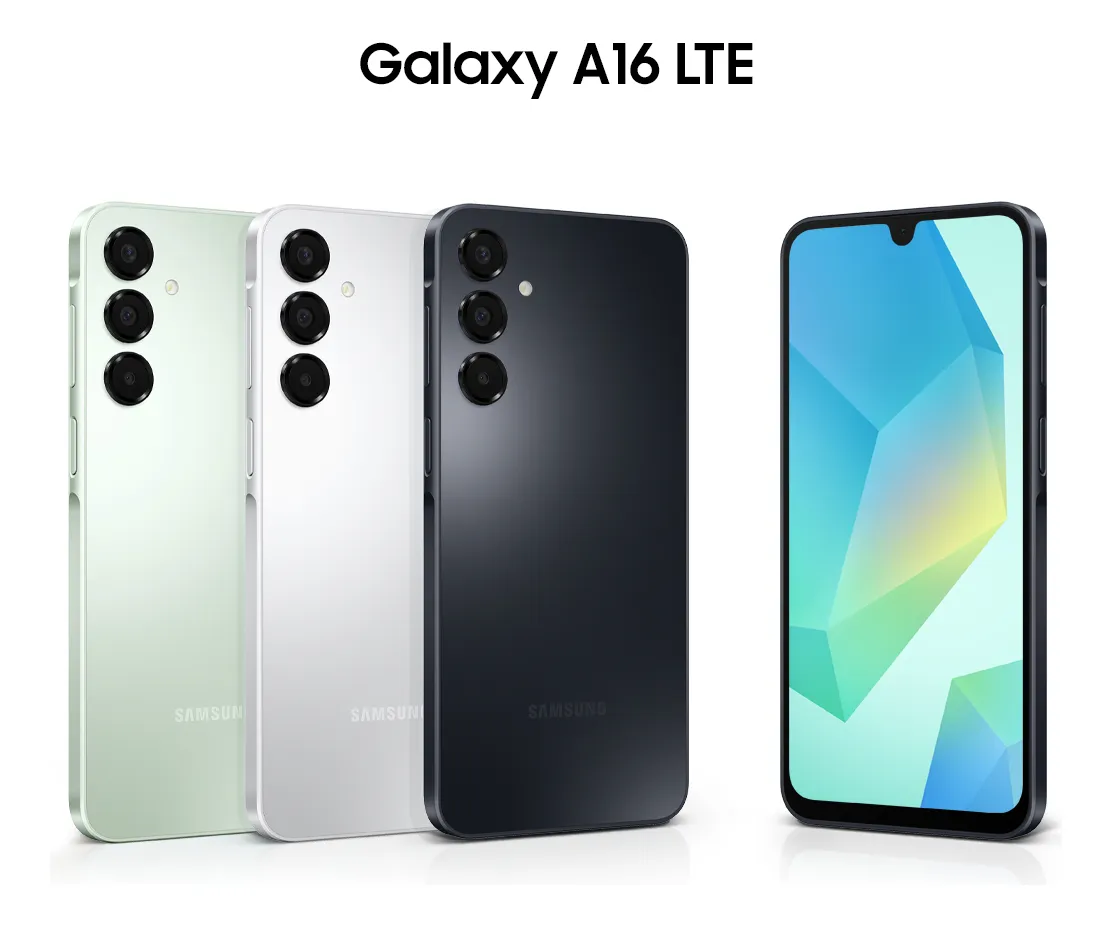 Samsung Galaxy A16 LTE smartphones shown in Light Green, Gray, and Blue Black colors with triple camera setup.