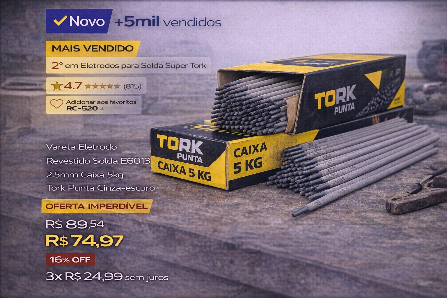 Eletrodo Revestido Tork Punta E6013 de 2,5mm em caixa de 5kg para soldagem profissional.