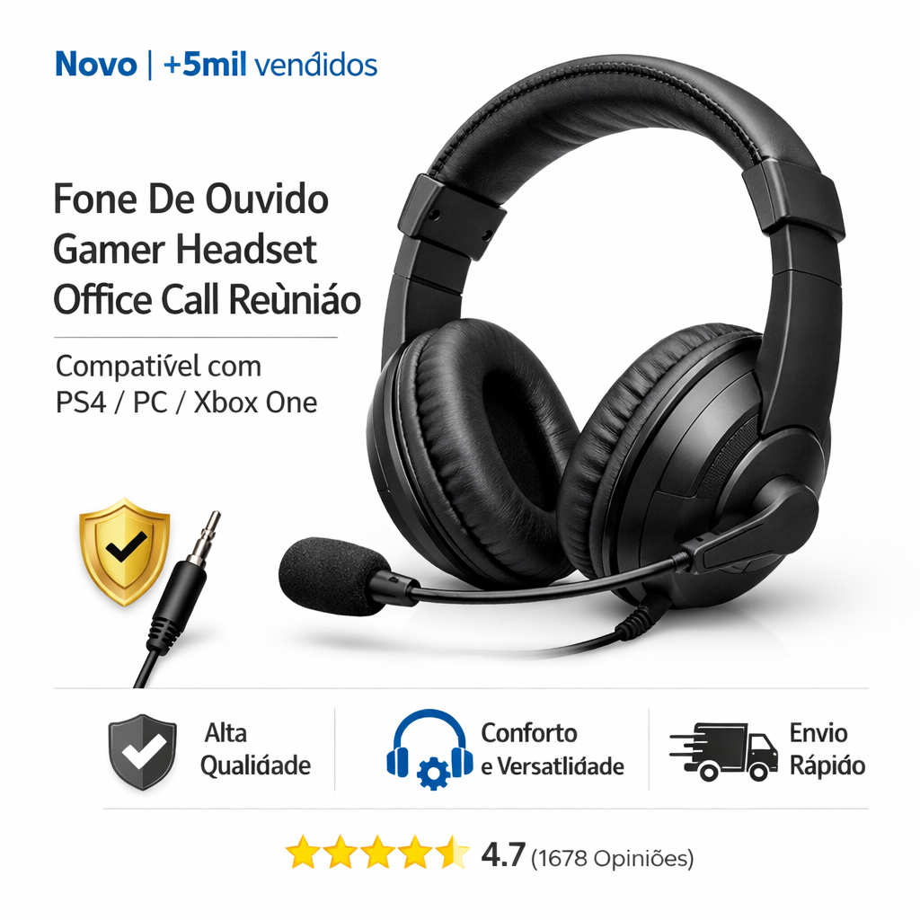 Black gamer headset with microphone for office calls, compatible with PS4, PC, and Xbox One.