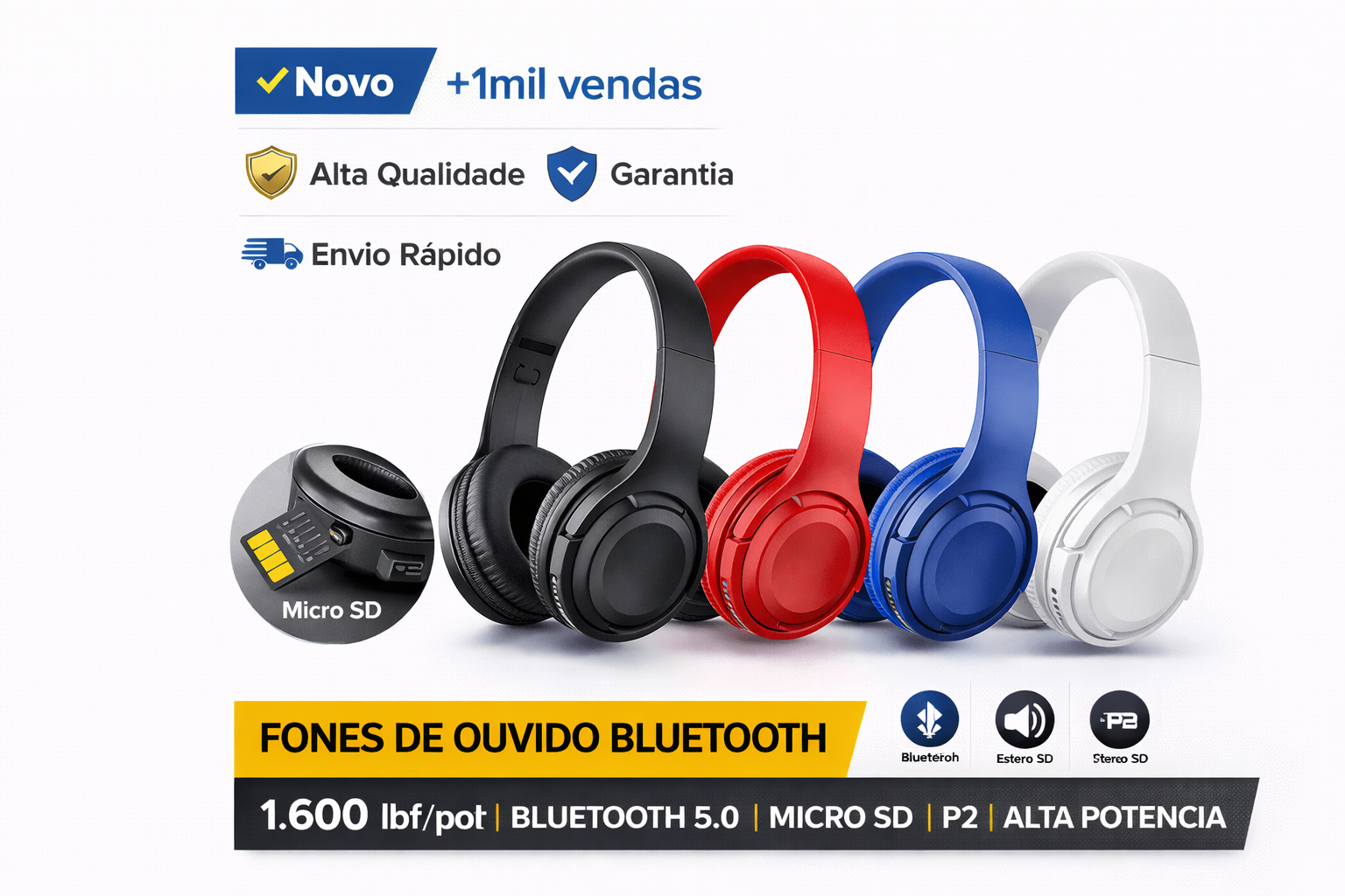 Wireless Bluetooth 5.0 headphones in black, red, blue, and white with Micro SD and P2 support.