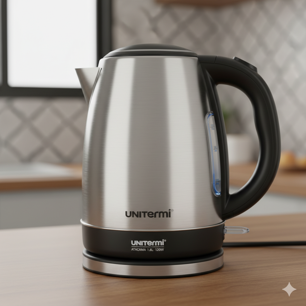 Unitermi Atacama stainless steel electric kettle with 1.8L capacity on a kitchen countertop.