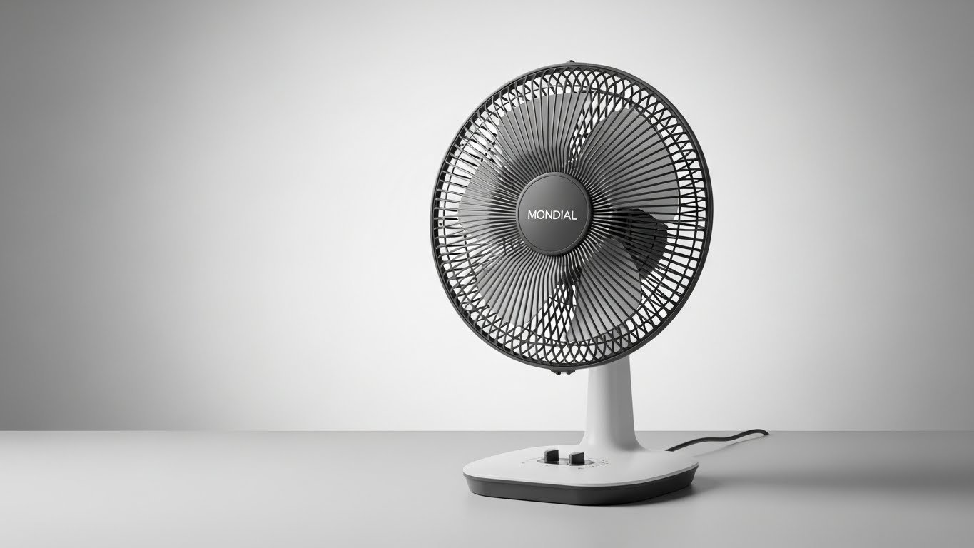 a fan on a table with a white table top