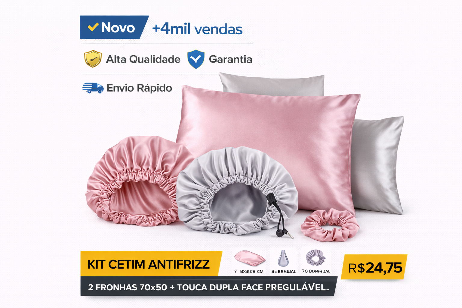 Kit de cetim antifrizz com fronhas, touca dupla face e scrunchie rosa e cinza para cuidados capilares.