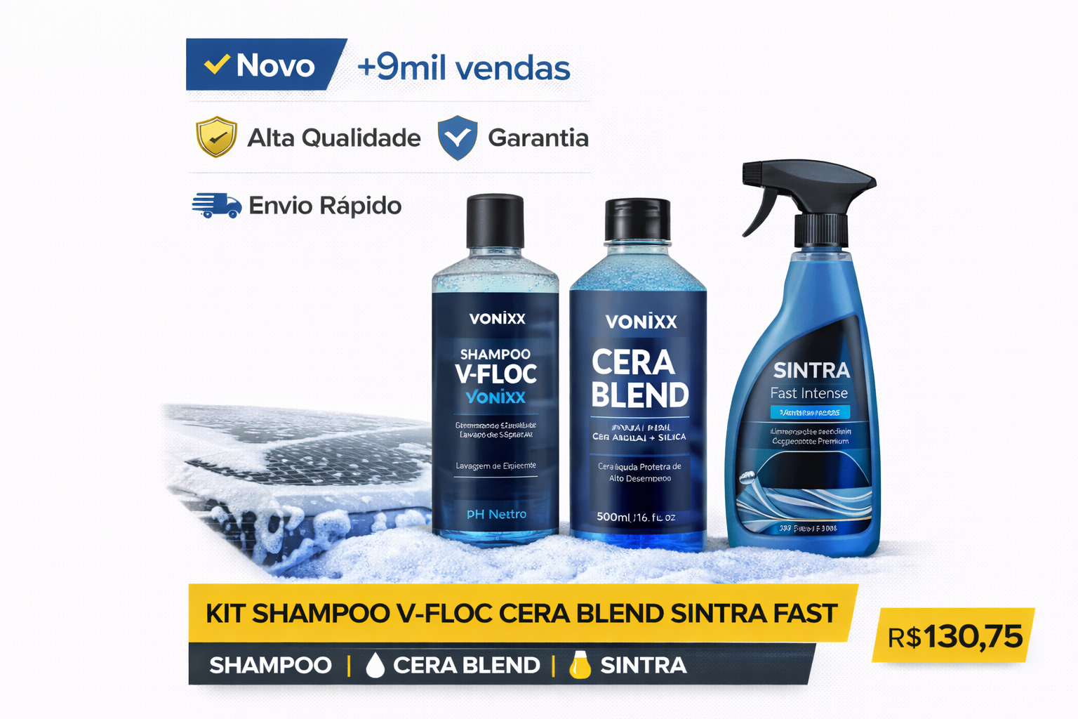 Kit Vonixx featuring V-Floc car shampoo, Cera Blend wax, and Sintra Fast interior cleaner for professional car detailing.
