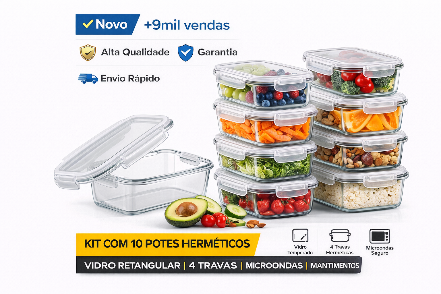 Kit com 10 potes de vidro herméticos retangulares para armazenamento de mantimentos e marmitas.