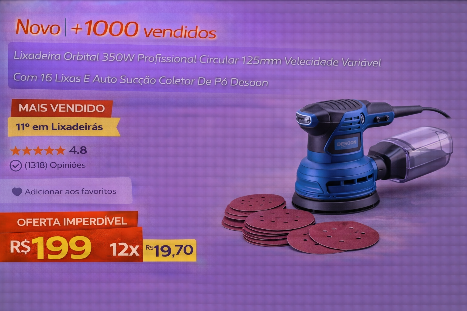 Título do post 1 Professional Desoon orbital sander 350W with dust collector and sanding discs for woodworking.