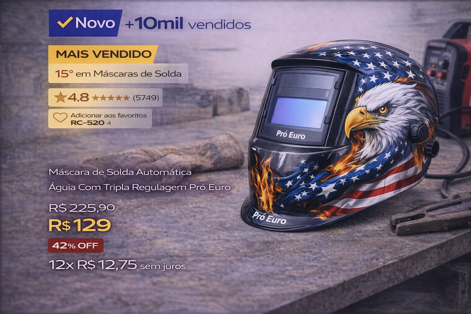 Máscara de Solda Automática Águia -Bom pra você não fica sego 1 Máscara de solda automática Pró Euro com estampa de águia e bandeira dos EUA sobre bancada de trabalho.