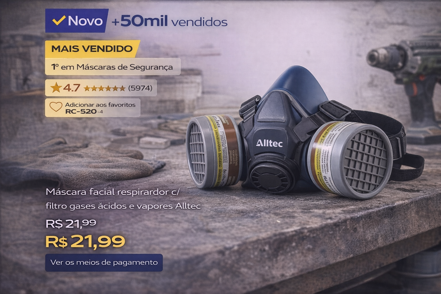 Máscara facial respirador Alltec com filtro para gases ácidos e vapores em bancada de trabalho.