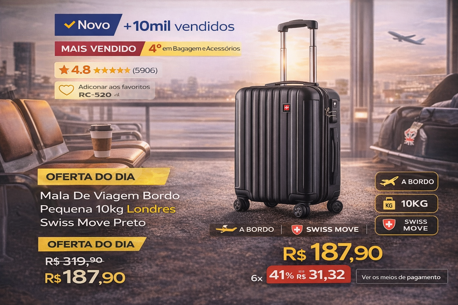 Mala de viagem de bordo Swiss Move preta 10kg modelo Londres em oferta promocional no aeroporto.
