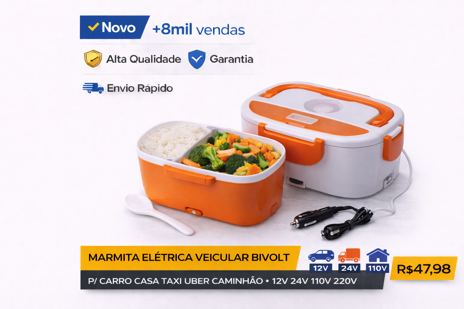 Título do post 1 Marmita elétrica veicular bivolt branca e laranja com arroz e vegetais para carro e caminhão.