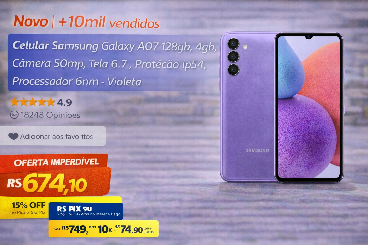 Samsung Galaxy A07 violeta de 128GB em oferta, smartphone com tela de 6.7 polegadas e câmera de 50mp.