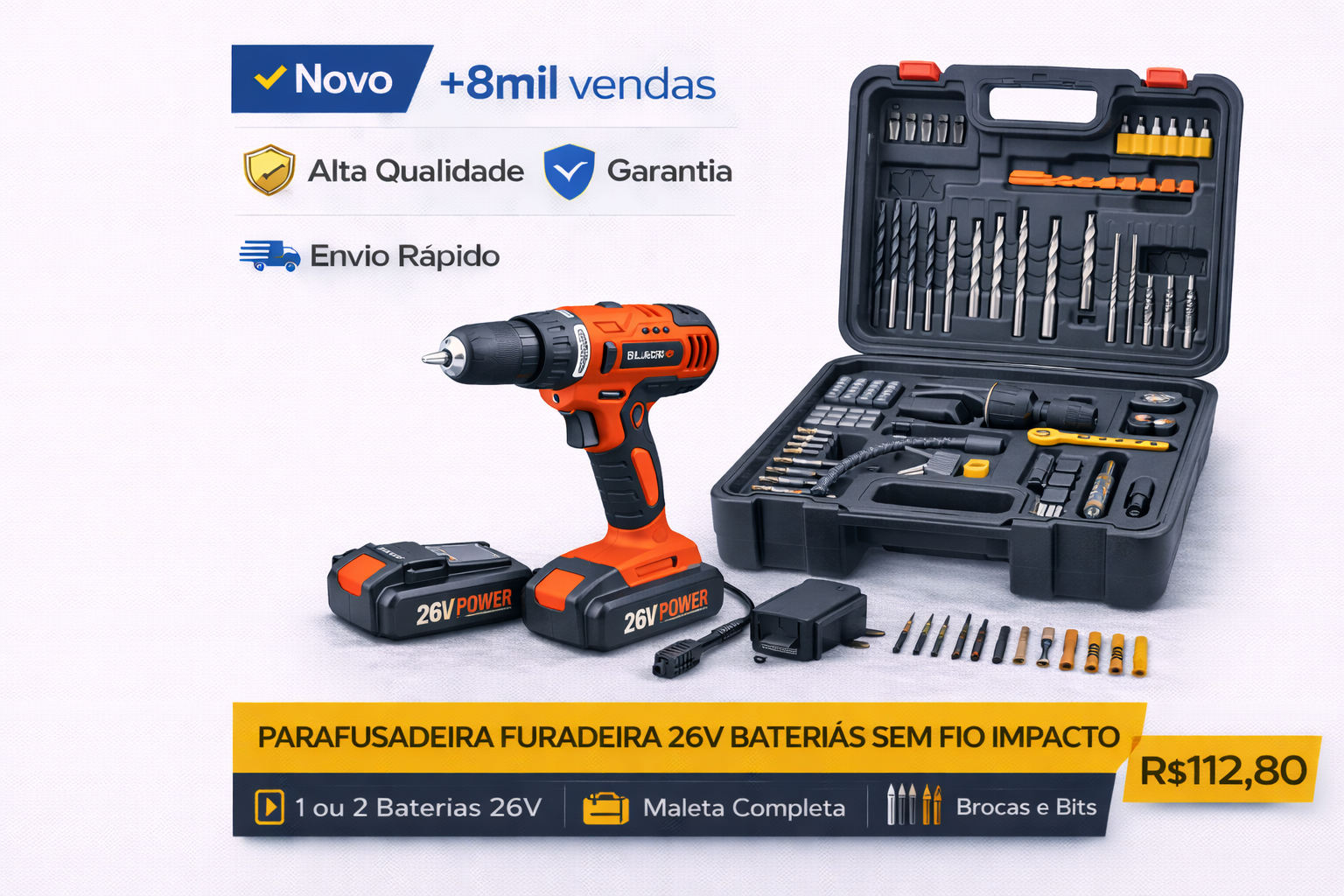 Título do post 1 Kit de parafusadeira e furadeira de impacto 26V com maleta de ferramentas, brocas e baterias extras.