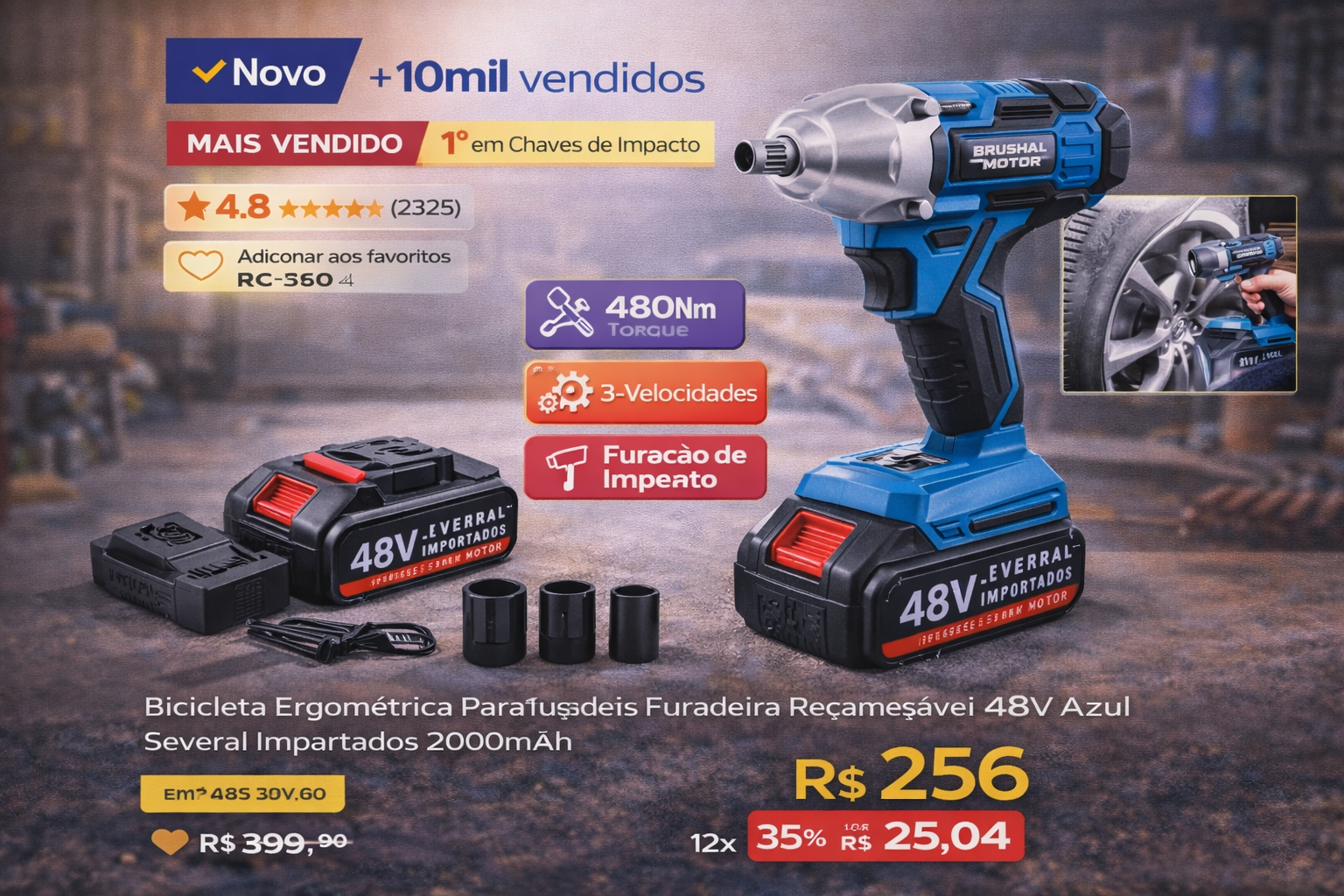 Blue 48V cordless impact wrench kit with rechargeable battery, charger, and sockets for automotive repair.
