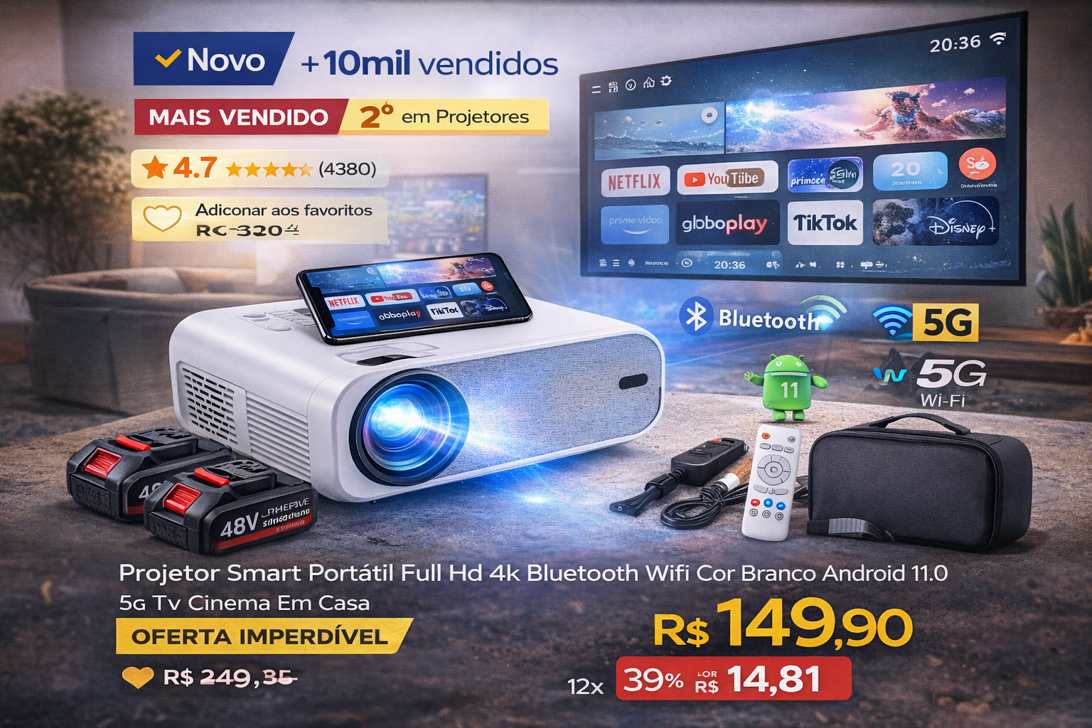 Projetor smart portátil branco Full HD 4K com Android 11, Wi-Fi 5G e Bluetooth para cinema em casa.