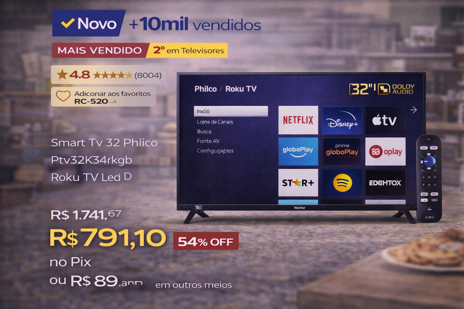 Título do post 1 Smart TV Philco 32 polegadas com Roku TV, Dolby Audio e diversos aplicativos de streaming integrados.